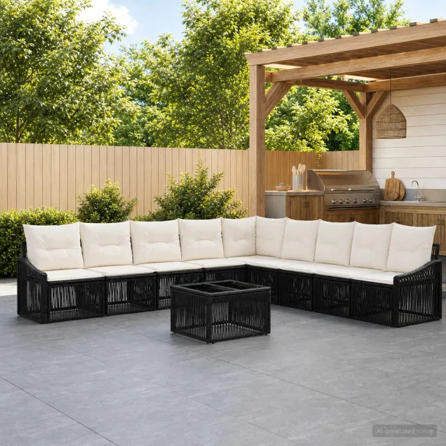 vidaXL Tuinbankenset 10 st 9-zits Zwart poly rattan, foto 2