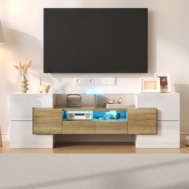 Pugsdrly TV-kast lowboard 145 cm hoogglans wit met led-verlichting modern design elegant glazen oppervlak geschikt voor woonkamer Wit+Goud