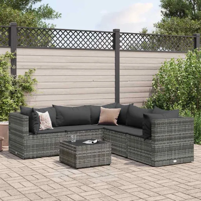 vidaXL 6-delige Loungeset met kussens poly rattan grijs, foto 2