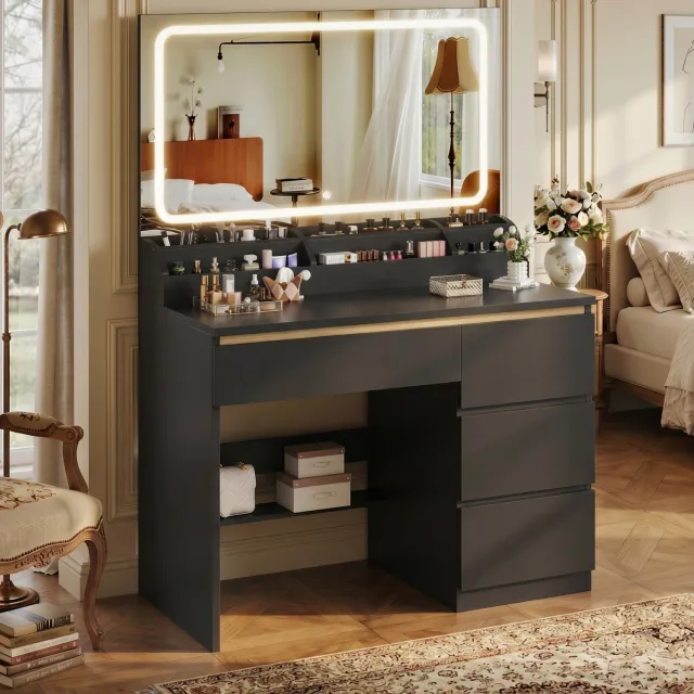 Devoko Kaptafel met 80 cm Spiegel en LED-verlichting – 3 Lichtkleuren – 4 Laden en 6 Opbergvakken – 2 Stopcontacten, 2 USB-poorten en Föhnhouder – 80 × 40 × 137 cm – Zwart