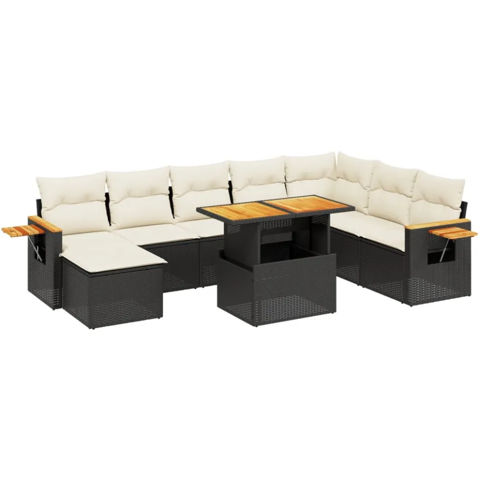 vidaXL 9-delige Loungeset met kussens poly rattan zwart