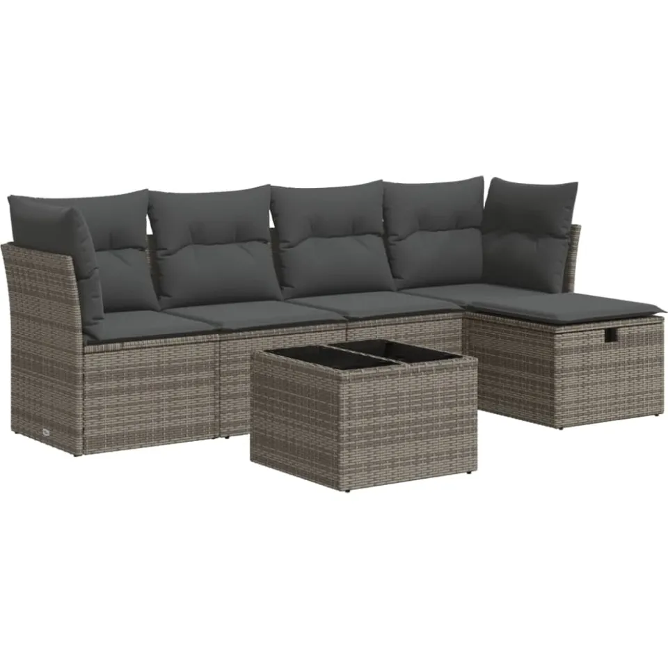 vidaXL 6-delige Loungeset met kussens poly rattan grijs, foto 3