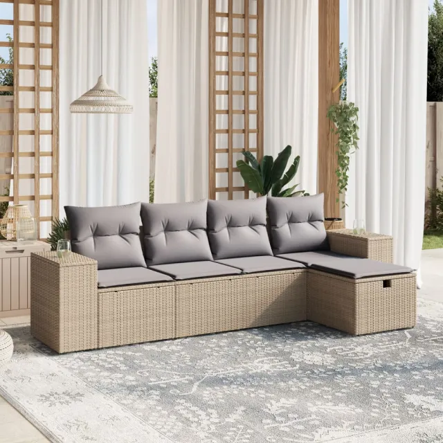 vidaXL 5-delige Loungeset met kussens poly rattan gemengd beige, foto 2