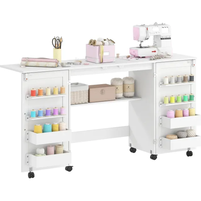 VILIMA Naaitafel - Naaitafel uitklapbaar - Multifunctionele tafel - 2 deuren - 4 lades - 20 haken - 160x40x81,5 cm - Wit - Praktisch en compact design