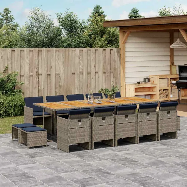 vidaXL 15-delige Tuinset met kussens poly rattan grijs