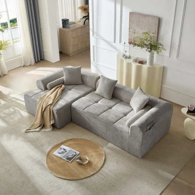 Vankel Luxe chenille hoekbank - L-vormige loungebank met chaise longue - Moderne stoffen bank - 2-3 zitplaatsen - Comfortabele woonkamerbank - Grijs