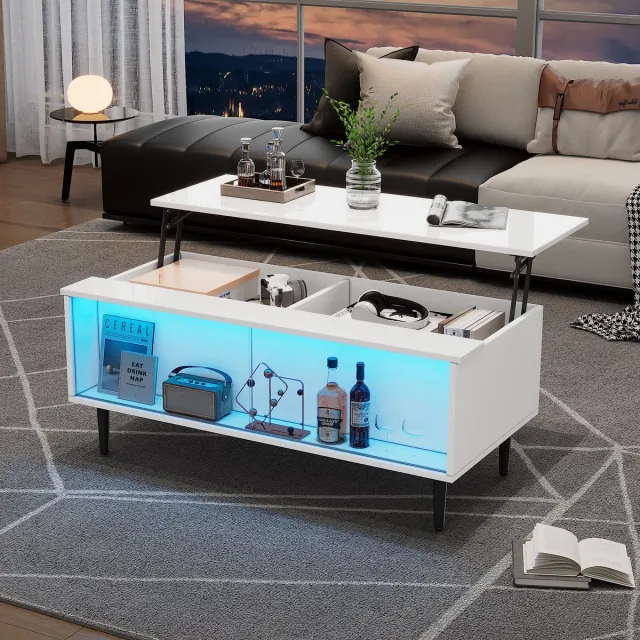 MEUNIQ Salontafel 105 x 50 x 43 cm, in hoogte verstelbaar tot 58 cm, met verborgen opbergruimte, glazen schuifdeuren en ledverlichting, wit