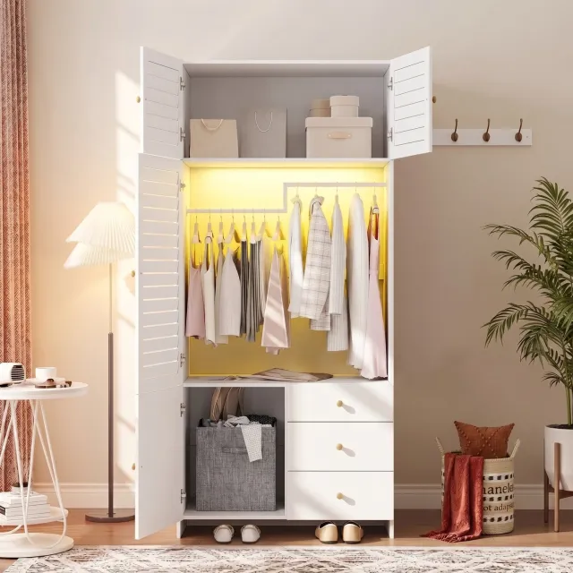Wishdor Kledingkast met wasmand en LED-verlichting - 3 lades en kledingstang - Lamellendeuren met opbergvak - Modern - Slaapkamer kinderkamer woonkamer - Bewerkt hout - Wit - 90 x 50 x 200 cm