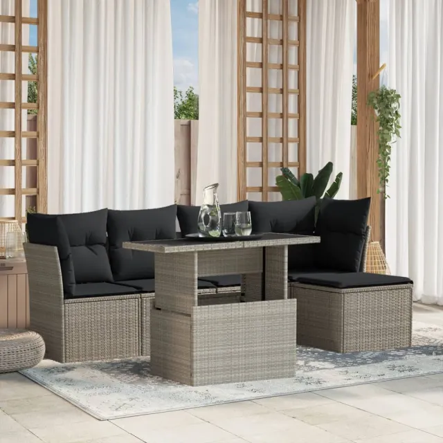 vidaXL 6-delige Loungeset met kussens poly rattan lichtgrijs grijs, foto 2