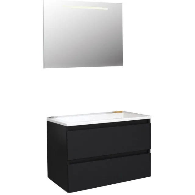 Boss & Wessing Badkamermeubel BWS Pepper Acryl Wastafel LED Verlichting Met Kraangat 80x55x46 cm Mat Zwart