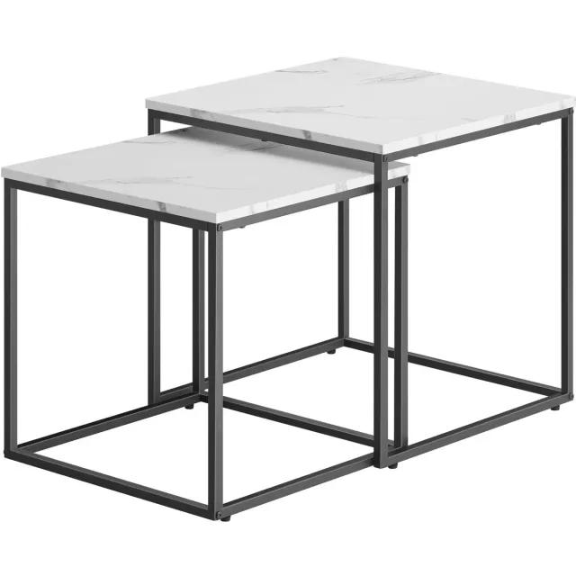 LEOBERT Vierkante salontafels – Set van 2 – Marmerlook en zwart staal – 50 en 45 cm – In elkaar schuifbaar voor een ruime zithoek