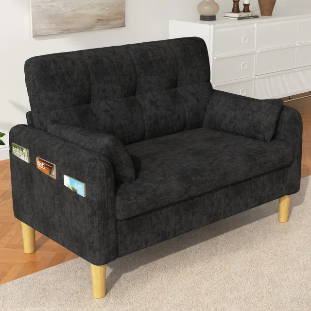 Wishdor 2-zitsbank - Hoge rugleuning en opbergtas - Twee afneembare kussens en hoge poten - Modern design - Woonkamer slaapkamer kantoor appartement - Chenille - Grijs - 119 x 78 x 85 cm