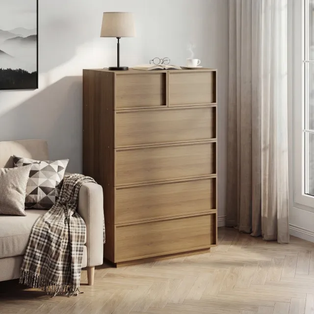 Clruro Ladekast - 80x48x127 cm - 6 Lades met Opbergruimte - Hout - Eiken