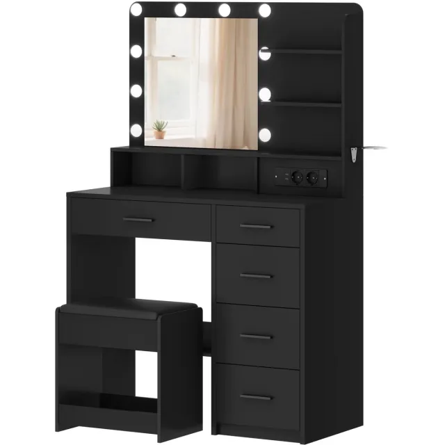 Naiz® Naiz - Kaptafel - Met spiegel - Met krukje - Met 10 LED lampen - Zwart - 40 x 90 x 139 cm