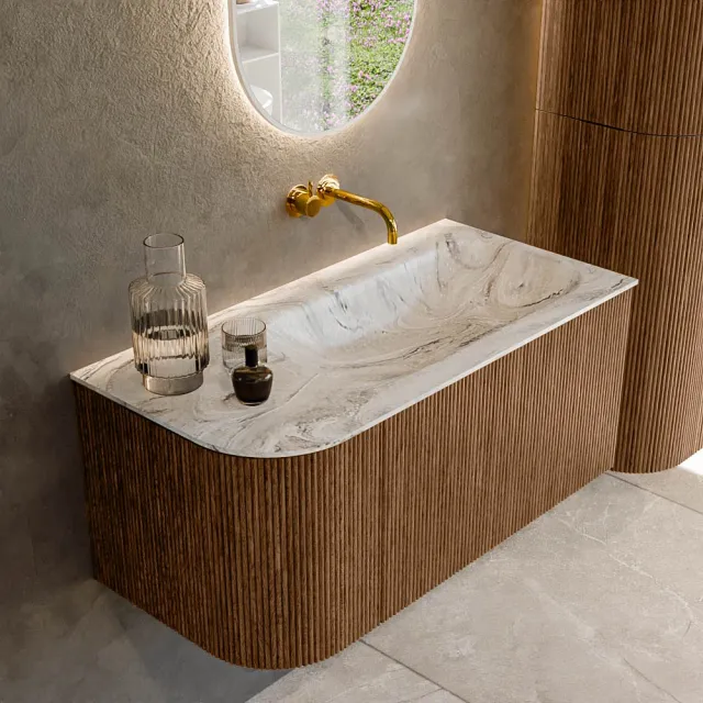 Mondiaz KURVE-DLUX 95 cm Onderkast Greeploos 1 Lade Met Deuren Walnut, Wastafel Solid Surface Rechts Glace 0 Kraangaten Zonder Spiegel (KRVBGS95L1L1D0KR-Wal/Gla)