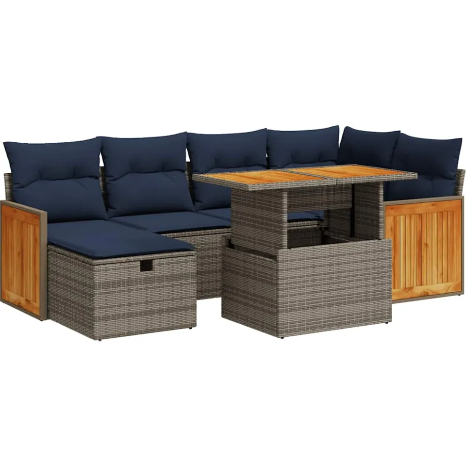 vidaXL 7-delige Loungeset met kussens poly rattan acacia grijs, foto 3