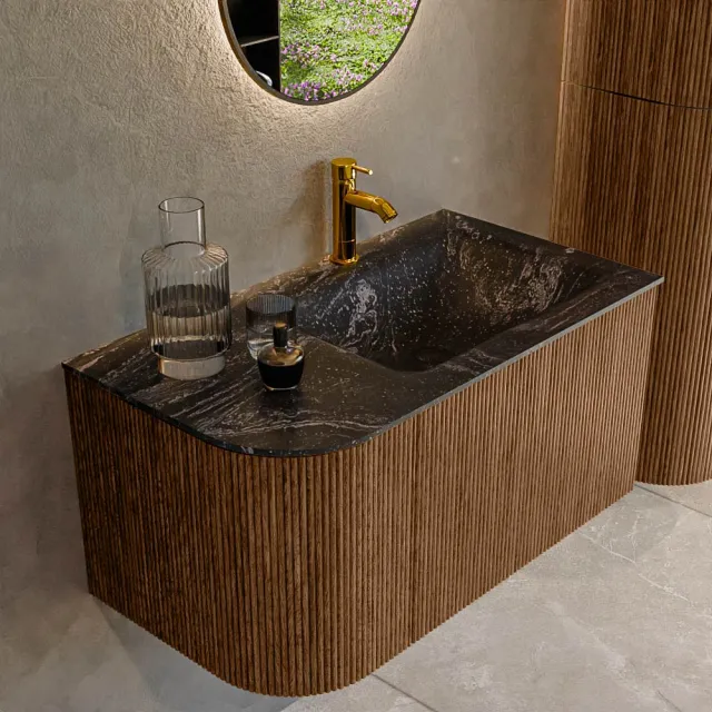 Mondiaz KURVE-DLUX 85 cm Onderkast Greeploos 1 Lade Met Deuren Walnut, Wastafel Solid Surface Rechts Lava 0 Kraangaten Zonder Spiegel (KRVCLO85L1L1D0KR-Wal/Lav)