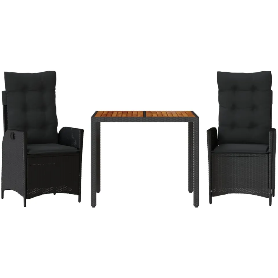 vidaXL 3-delige Tuinset met kussens poly rattan zwart