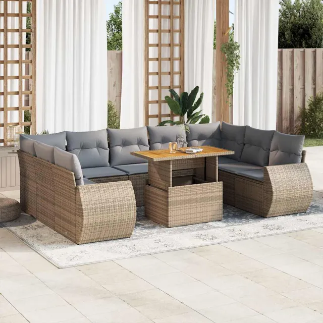 vidaXL 10-delige Loungeset met kussens poly rattan beige, foto 2