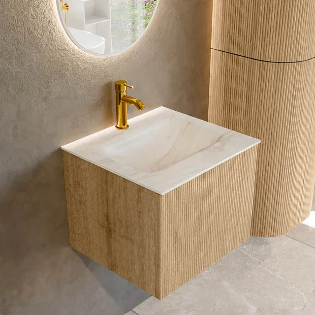 Mondiaz KURVE-DLUX 50 cm Onderkast Greeploos 1 Lade Zonder Deuren Oak, Wastafel Solid Surface Midden Ostra 1 Kraangat Zonder Spiegel (KRVGRU501L0D1KM-Oak/Ost)