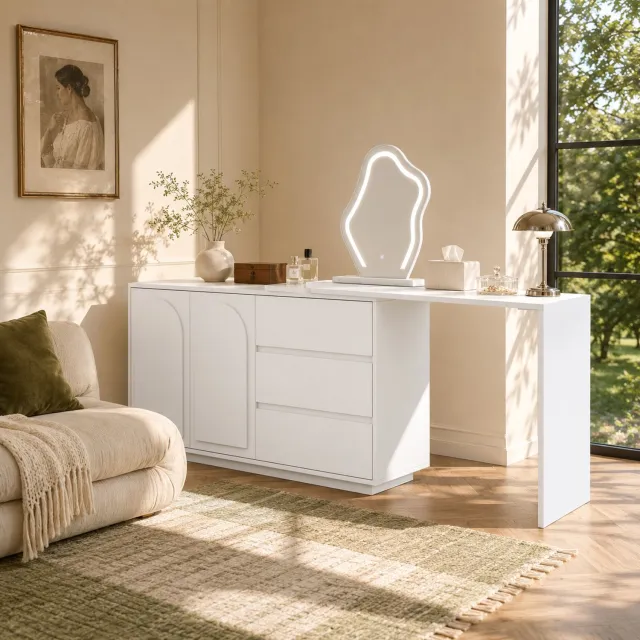 DESMIU Kaptafel - Uitschuifbaar Tafelblad Met LED-Spiegel - Voor Make-Up En Styling - Spaanplaat - 140x40x75 Cm - Wit