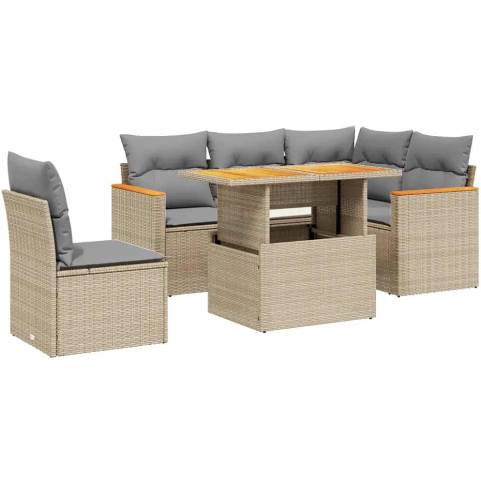 vidaXL 6-delige Loungeset met kussens poly rattan beige, foto 3