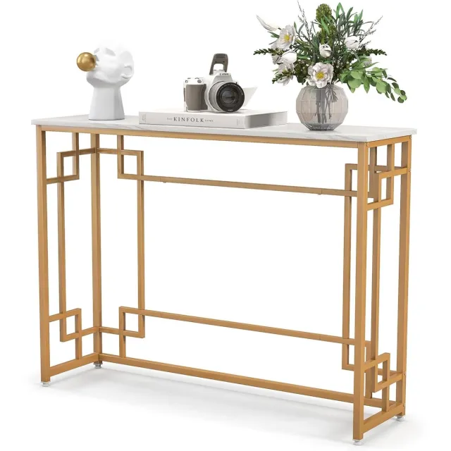 Costway Consoletafel, marmer, goud, ingang, smal, haltafel met geometrisch metalen frame, bijzettafel, 110 x 30 x 81 cm, voor woonkamer, hal, entrée Wit