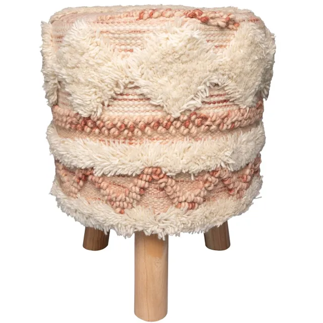 Padiro ronde zitkruk Ø 38 x 50 cm - roze en crème - wolmix en hout - boho stijl met franjes en kwastjes