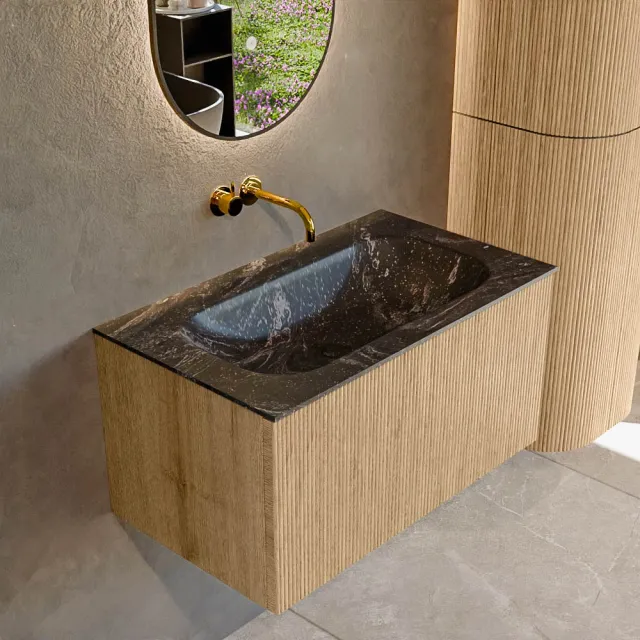 Mondiaz KURVE-DLUX 80 cm Onderkast Greeploos 1 Lade Zonder Deuren Oak, Wastafel Solid Surface Volledig Lava 0 Kraangaten Zonder Spiegel (KRVBGS801L0D0KM-Oak/Lav)