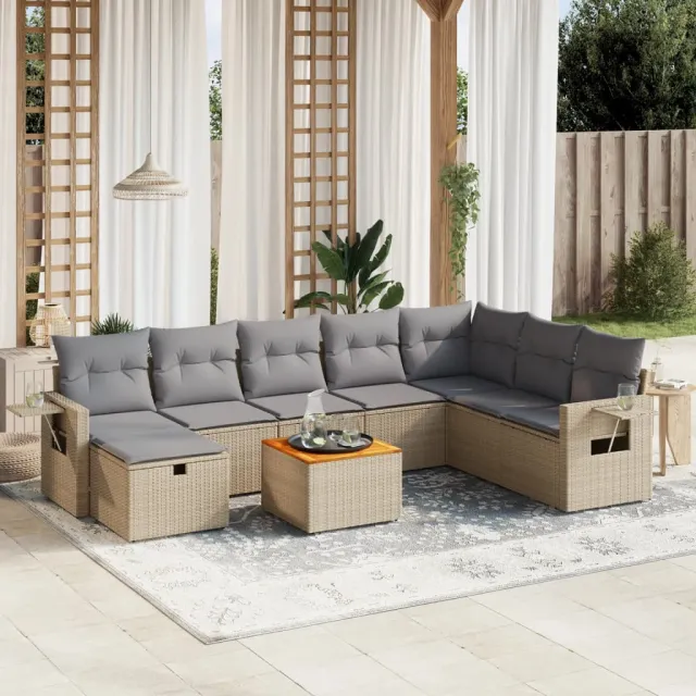 vidaXL 9-delige Loungeset met kussens poly rattan gemengd beige, foto 2