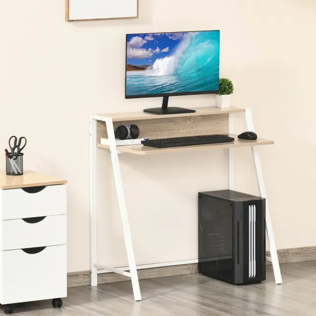 OKWISH Bureau - Compact En Ruimtebesparend Met Opbergplank En Kabeldoorvoer - 84 X 45 X 85 Cm - MDF En Metaal - Wit Eiken - Voor Werkplek En Thuiskantoor