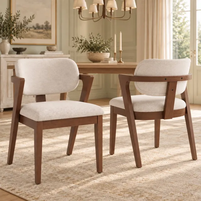 Merax 2 stuks houten eetkamerstoelen - voor eetkamer - woonkamer en café - moderne stijl - linnen stof - walnootkleur en beige Walnotekleur