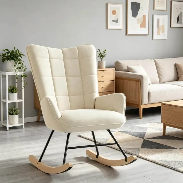 FloraGrace Schommelstoel – Ergonomische Fauteuil met Hoge Rugleuning – Met Armleuningen en Zachte Zitting – Voor Woonkamer en Leeshoek – Velours – Beige