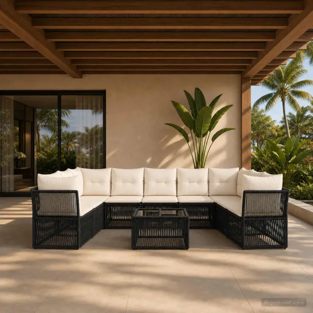 vidaXL Tuinbankenset 10 st 9-zits Zwart poly rattan, foto 2