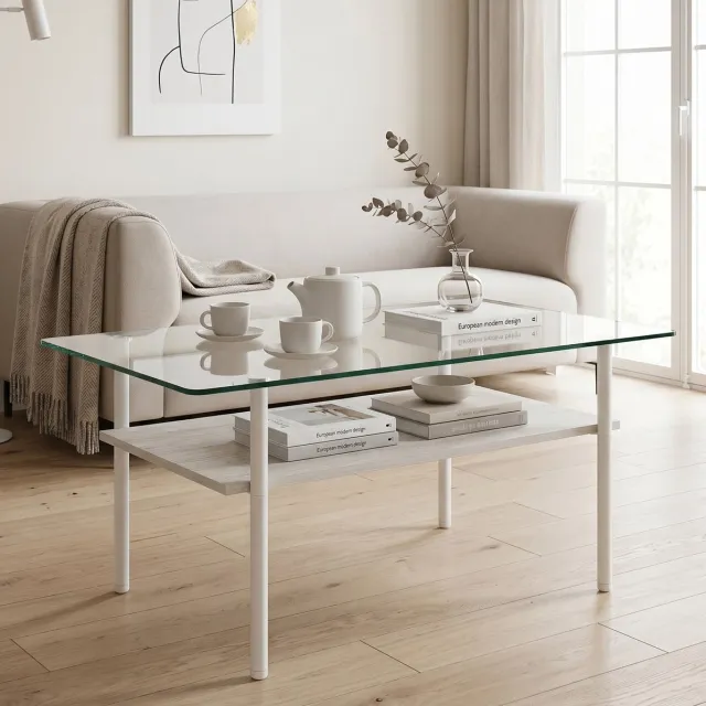 Wishdor Salontafel - Glasplaat en mdf opbergniveau - Rechthoekig en stabiel - Modern - Woonkamer zithoek hal entree - Wit metaal en glas - 97,7 x 57,7 x 45 cm