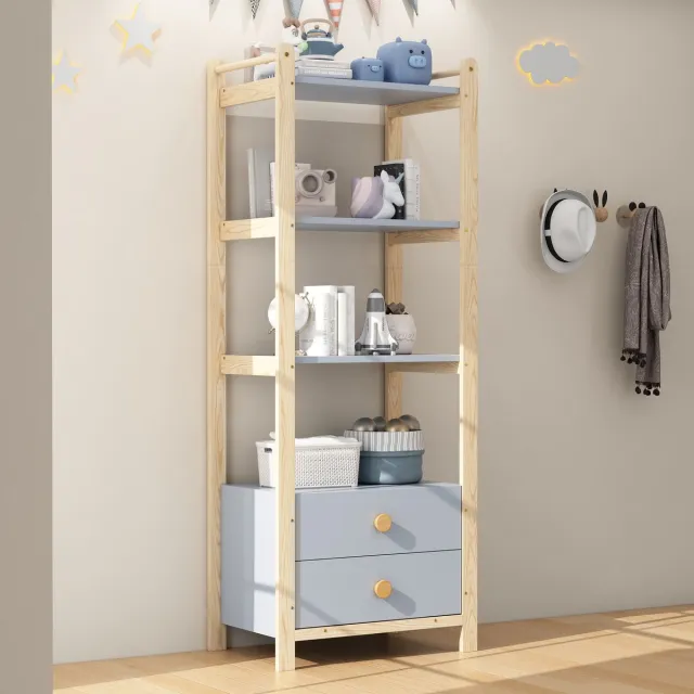 Clruro Boekenkast - 70x44x180 cm - 2 Lades en 4 Planken met Massief Houten Grepen - Grenenhout - Blauw/Naturel