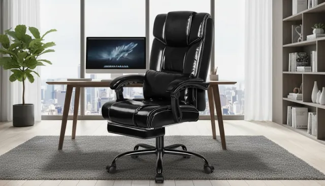 House&Garde Ergonomische Bureaustoel XXL met Voetensteun - House&Garden Prestige Executive Directiestoel - Verstelbare Lendensteun - Hoge Rugleuning - Kantelbaar 90°-150° - PU Leer - Belastbaar tot 180 kg - Glanzend Zwart