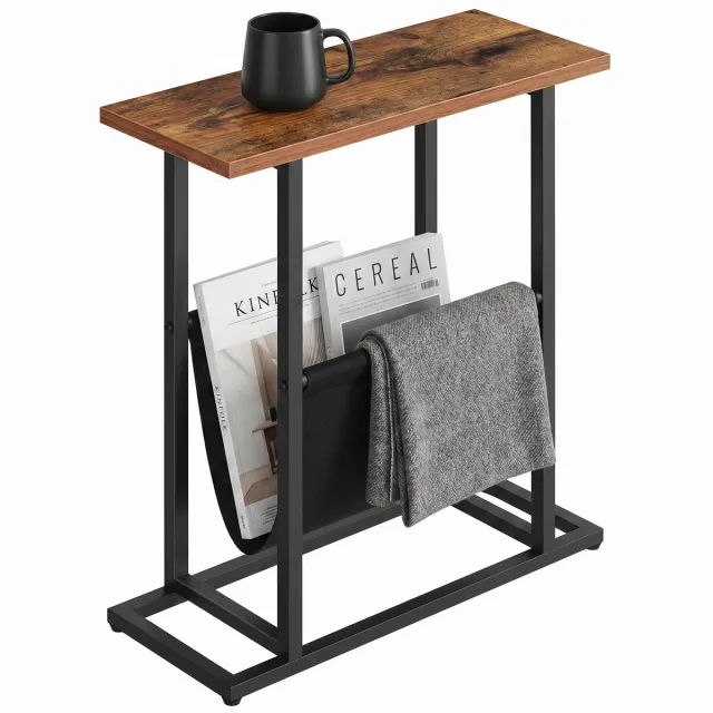 Cheqo Bijzettafel met Tijdschriftenhouder - Lectuurbak - Tijdschriftenrek - Krantenbak - Nachtkastje - Sidetable voor Woonkamer en Slaapkamer - Telefoontafel - Banktafel - Magazinehouder - Metalen Frame - Zwart en Bruin - Sofa Tafel