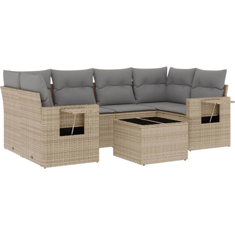 vidaXL 7-delige Loungeset met kussens poly rattan beige