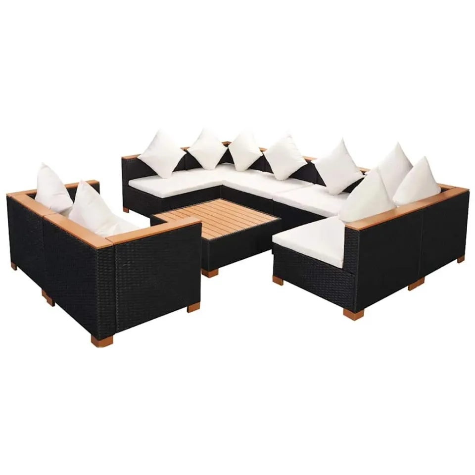 vidaXL 9-delige Loungeset met kussens poly rattan zwart, foto 3