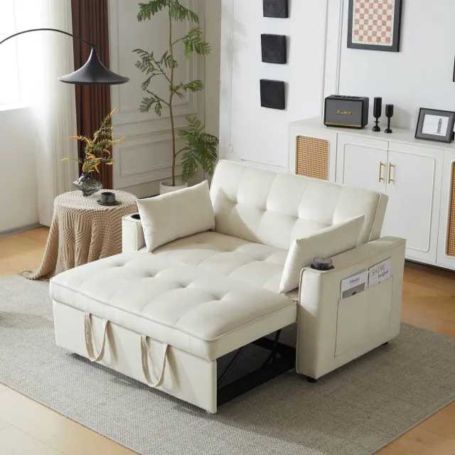 OKWISH Slaapbank - 137x83x80 cm - Vouwbare Slaapbank Met Drankhouders - Geschikt Voor Woonkamer En Slaapkamer - Fluweel - Beige