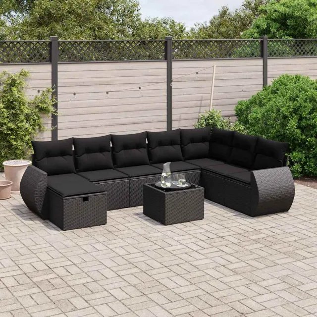 vidaXL 9-delige Loungeset met kussens poly rattan zwart, foto 2