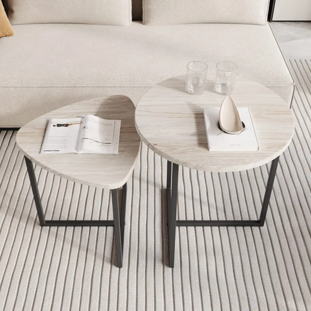 HAUSS SPOLE Bijzettafelset - Ruimtebesparend 2 Delig Met Hartvormig Blad - Voor Woonkamer En Slaapkamer - Metaal - Amerikaans Wit Eiken