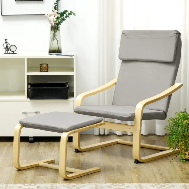 MODENUIT Fauteuil 66,5 x 80 x 99 cm - Met Armleuningen en Voetenbank - Woonkamer - Hout - Lichtgrijs