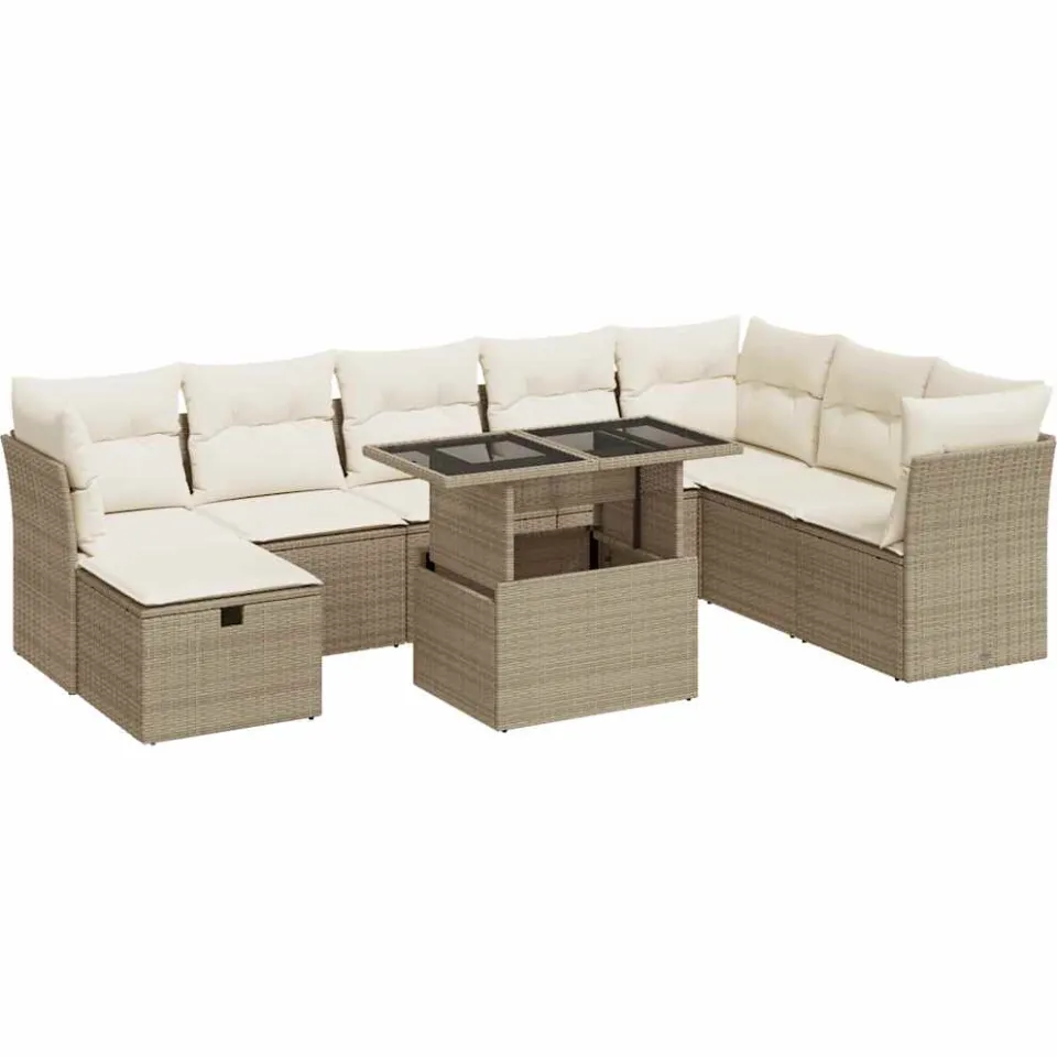vidaXL 9-delige Loungeset met kussens poly rattan beige, foto 3