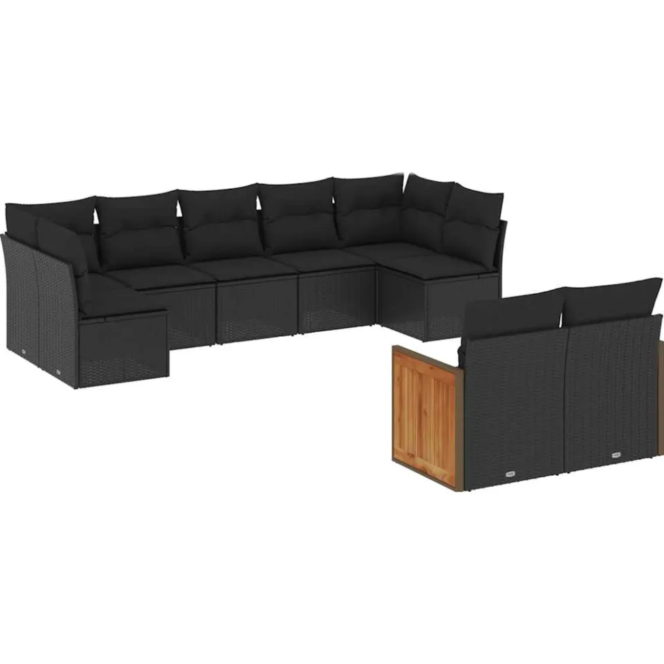 vidaXL 9-delige Loungeset met kussens poly rattan zwart, foto 3