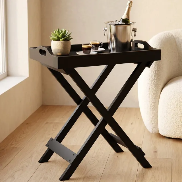 Cheqo Butlertray - Dienbladtafel met Afneembaar Dienblad - Inklapbare Bijzettafel - Opklapbaar en Opvouwbaar - Zwart MDF Klaptafel - voor Woonkamer en Slaapkamer - Snacktafel en Koffietafel - Serveerblad op Onderstel Multi