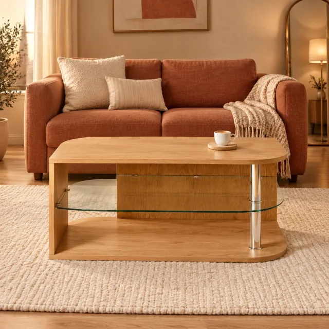 REDOM Salontafel 100x60x42 cm - Glazen tussenplank en onderplank - Naturel Natuurlijk hout