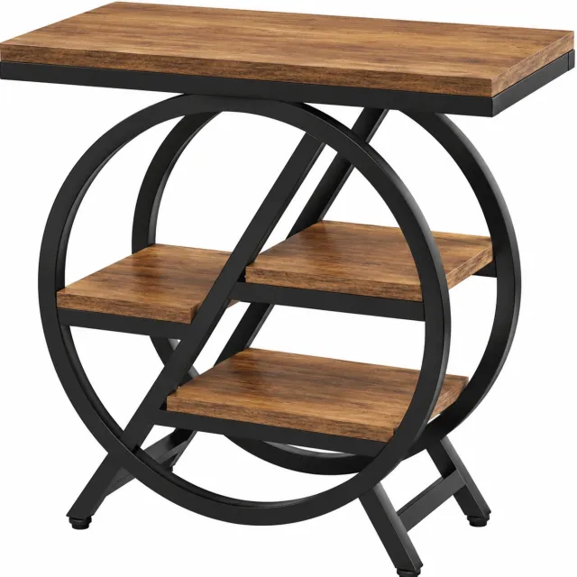MokoHub Bijzettafel 3-Laags - Smalle Bankbijzettafel met Opbergruimte - Geometrisch Metalen Frame - 65x30x66.5 cm - Lichtbruin
