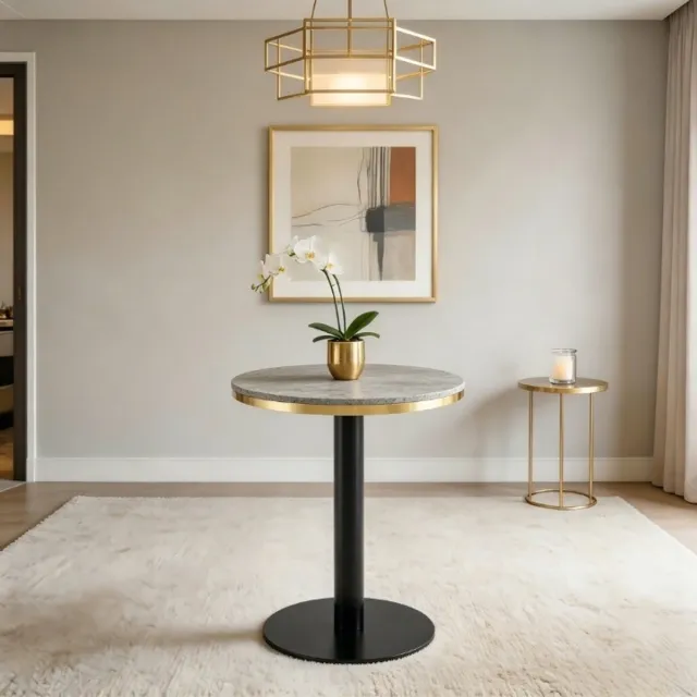 COVREO Bijzettafel 60 x 60 x 73,7 cm grijs met marmerlook fineer, MDF blad en metalen onderstel